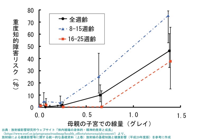 縦軸に重度知的障害リスク（％）、横軸に母親の子宮での線量（グレイ）をとる。線量の増加に応じて重度知的障害リスクが高くなっている